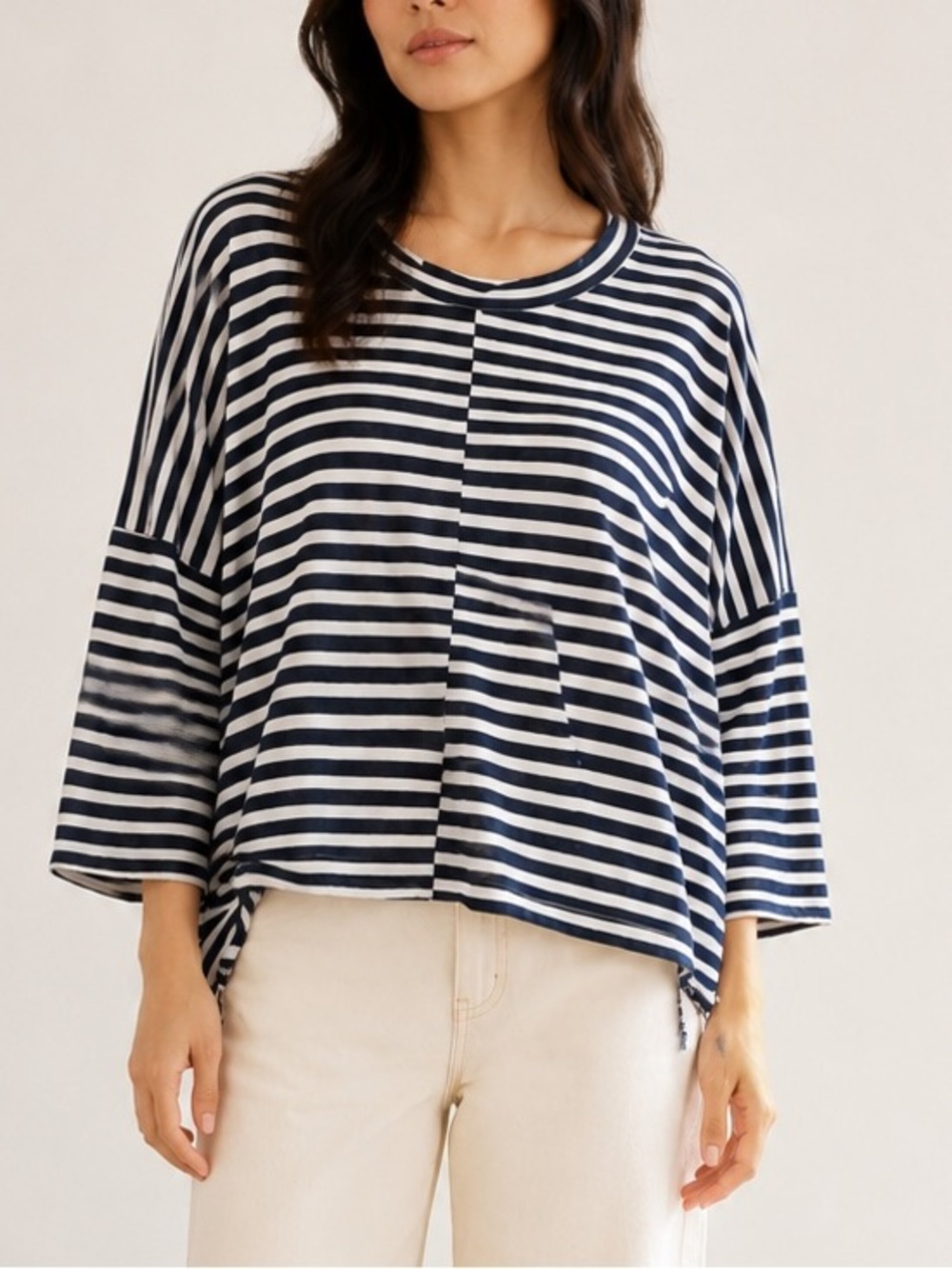 NSF Striped Wide Sleeve Navy White Oversize Minimalist Coastal Chic Poncho Top